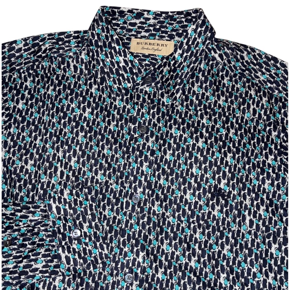Burberry Shirt‎ Men's S Bright Navy Multicolored Pattern Slim Fit NEW *hole